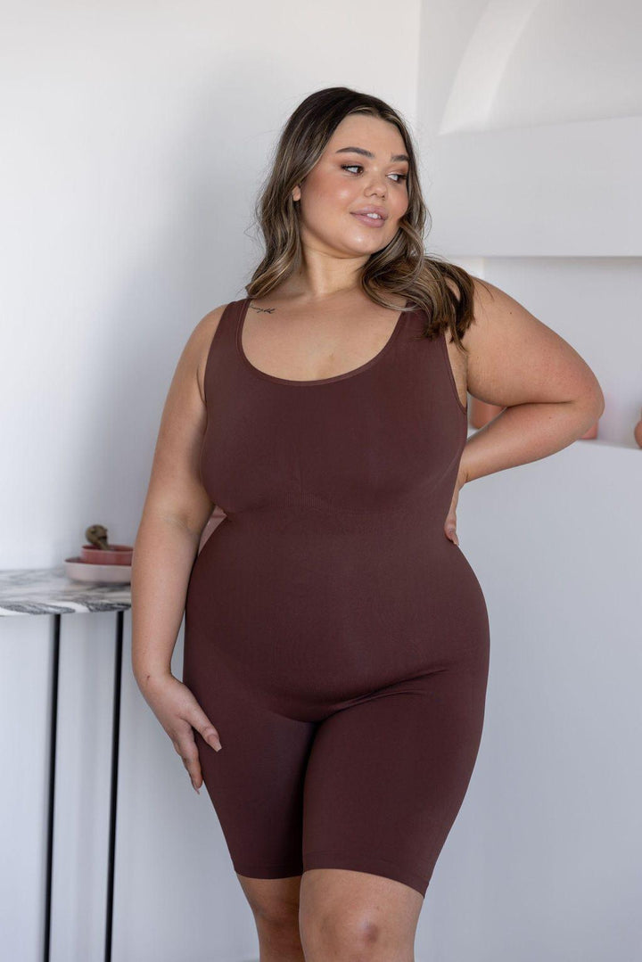 Seamless Thick Strap Unitard Bodysuit Brown - $28.00 - Shaper - Naked Curve