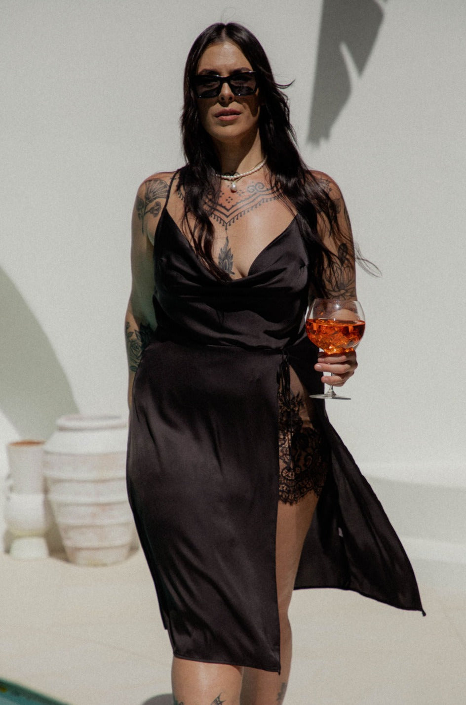 Amara Black Satin + Lace Dress