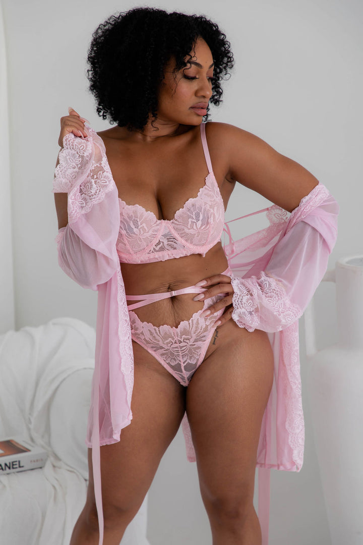 Paris Pink Lace Robe - $64.00 - Robe - Naked Curve