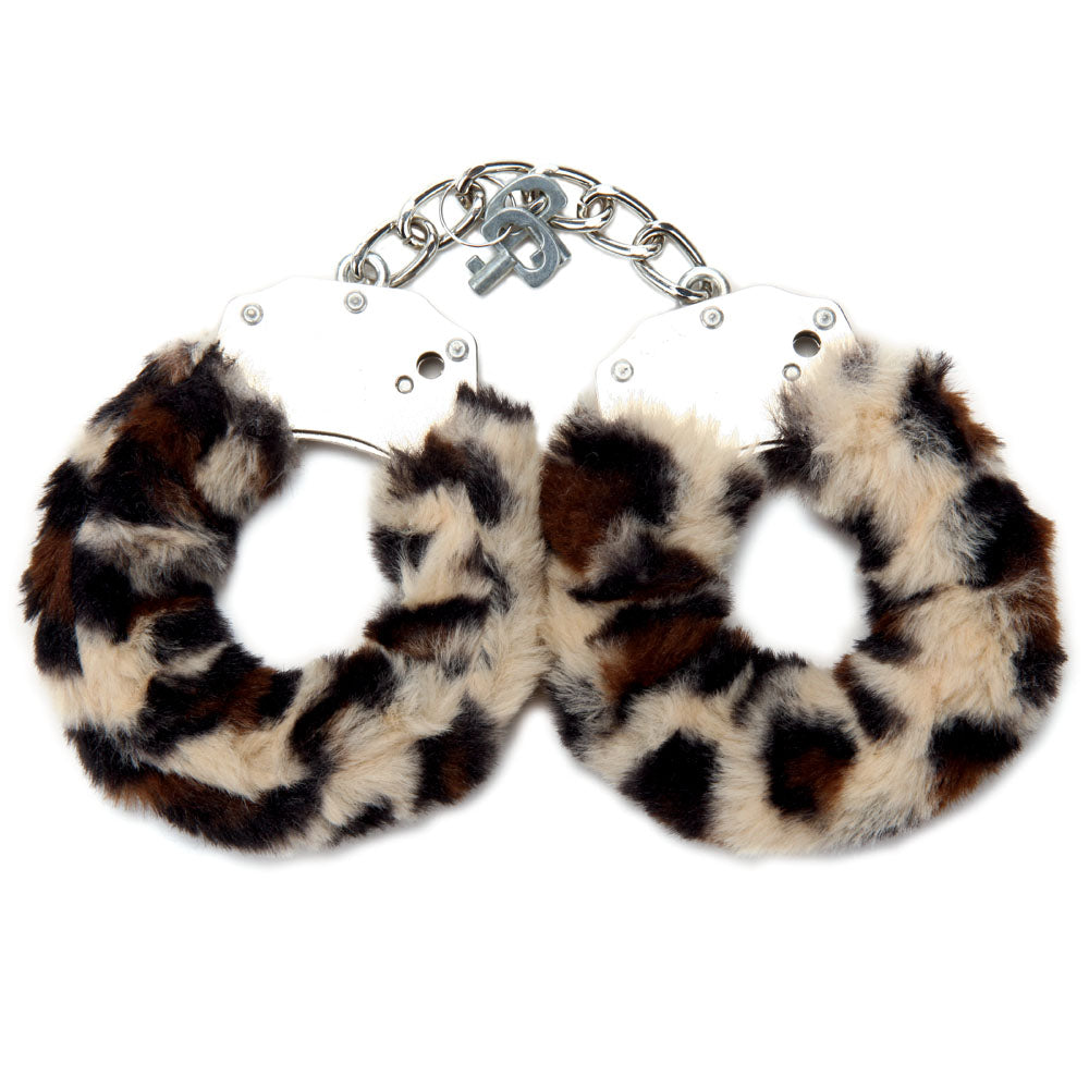 Leopard print handcuffs on a white background