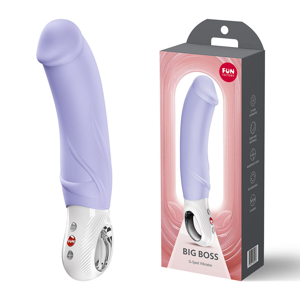 Purple G-Spot vibrator with packaging on a white background
