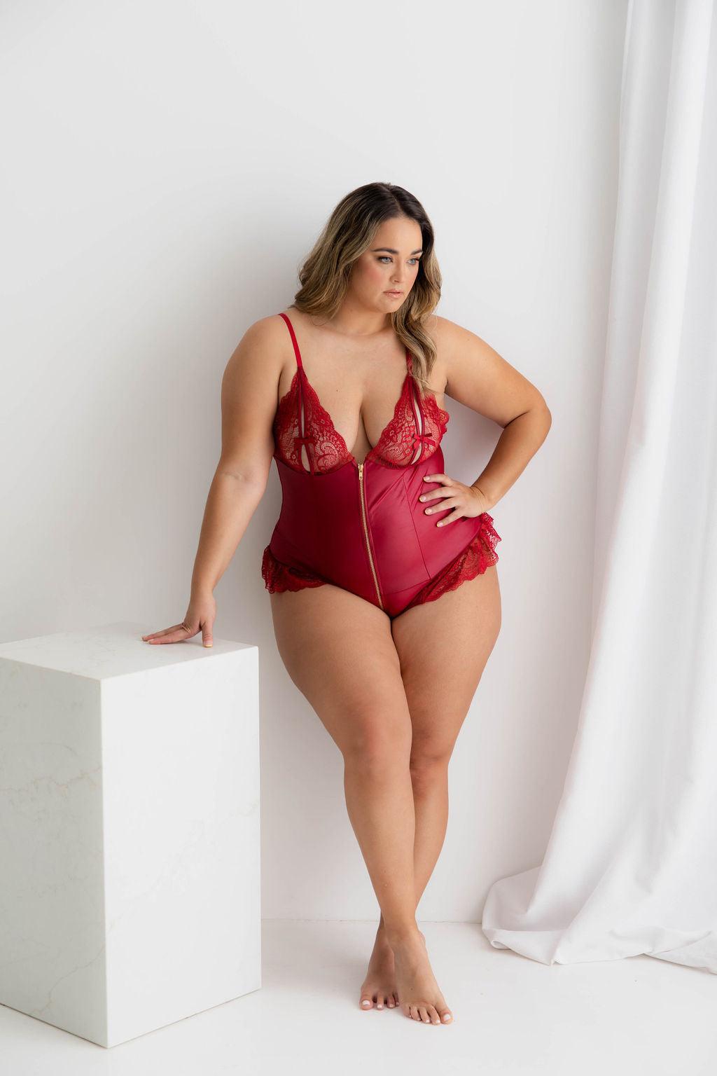 Madame Teese Red Vegan Leather Teddy - $68.00 - Bodysuit - Naked Curve