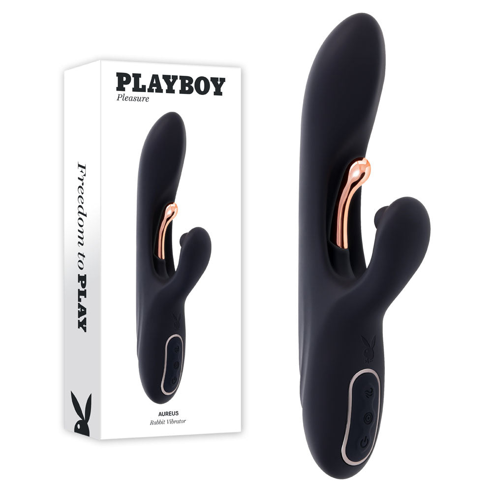 Black and rose gold Playboy product with packaging on a white background