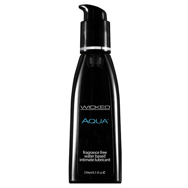 Black bottle of Wicked Aqua lubricant on a white background
