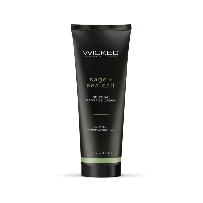 Black tube of Wicked Sensual Care massage cream with orange text on a white background