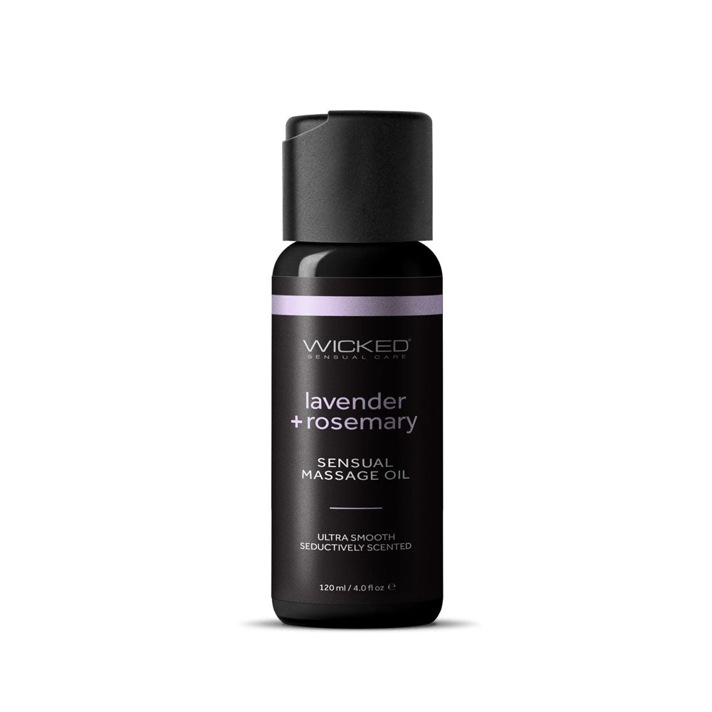 Wicked London 'lavender + rosemary' Sensual Massage Oil in a black bottle with a black cap, shown on a white background.
