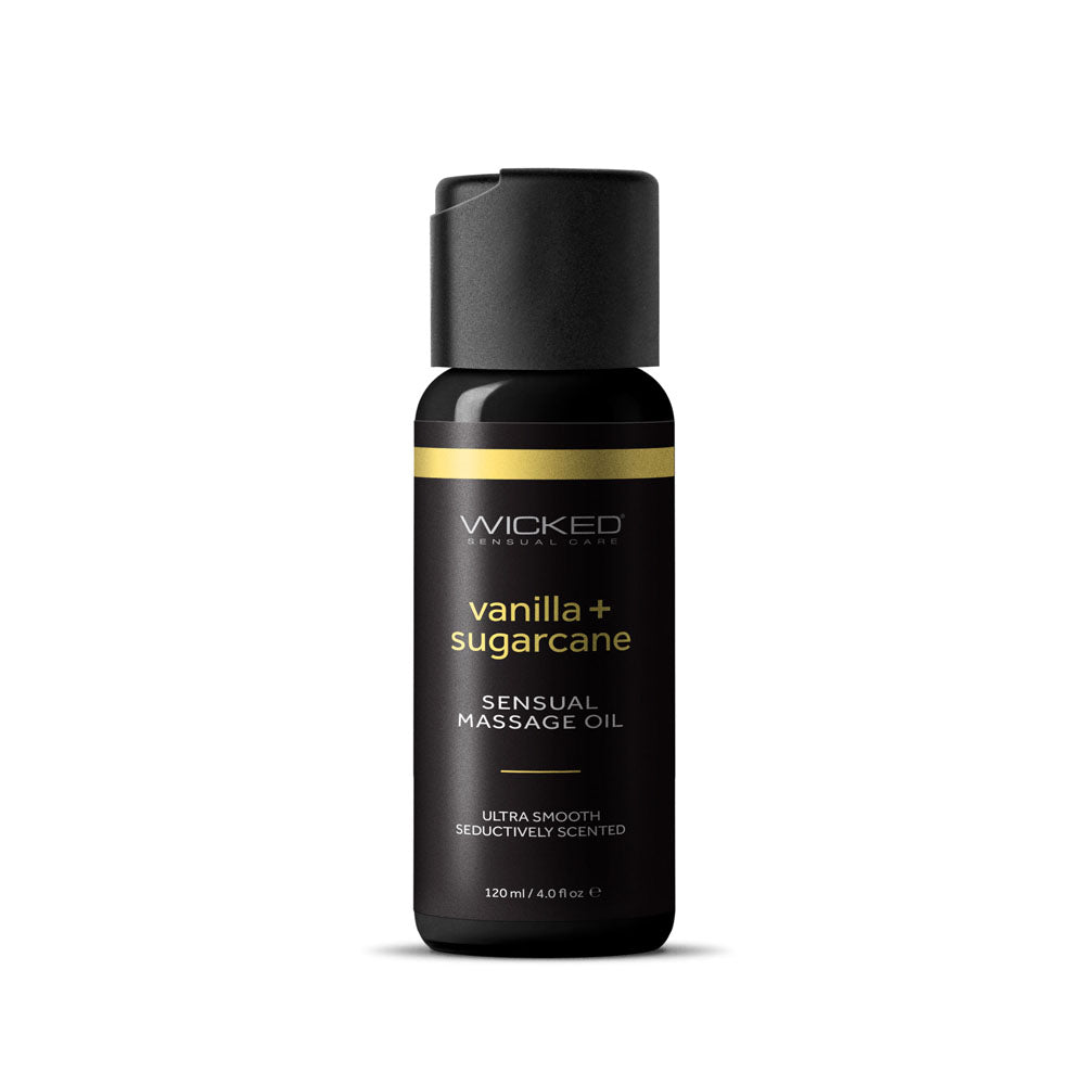 Black massage oil bottle labeled 'Wicked Sensual Care' with 'Vanilla + Sugarcane' on a white background