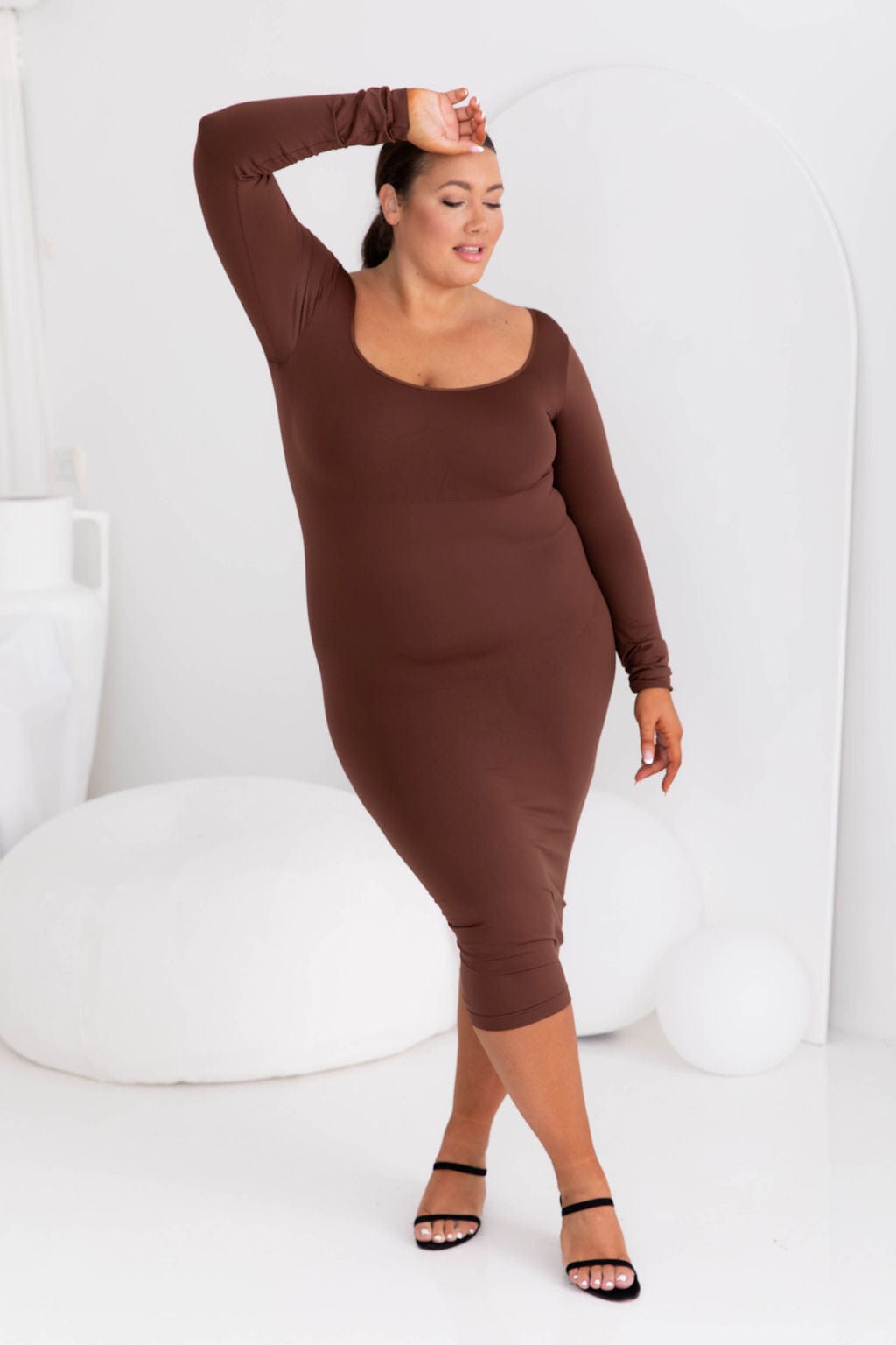 Long Sleeve Square Neck Shaper Dress Chocolate - $38.00 - Bodysuit - Naked Curve