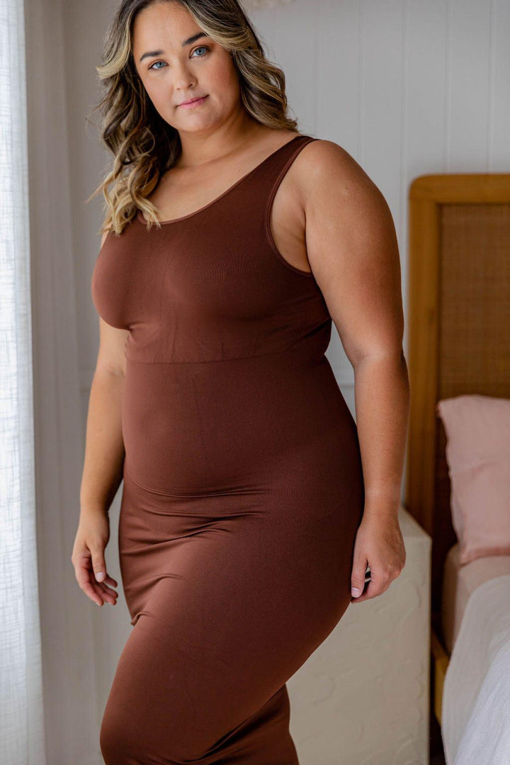 Midi Shaper Dress Brown - $34.00 - Bodysuit - Naked Curve