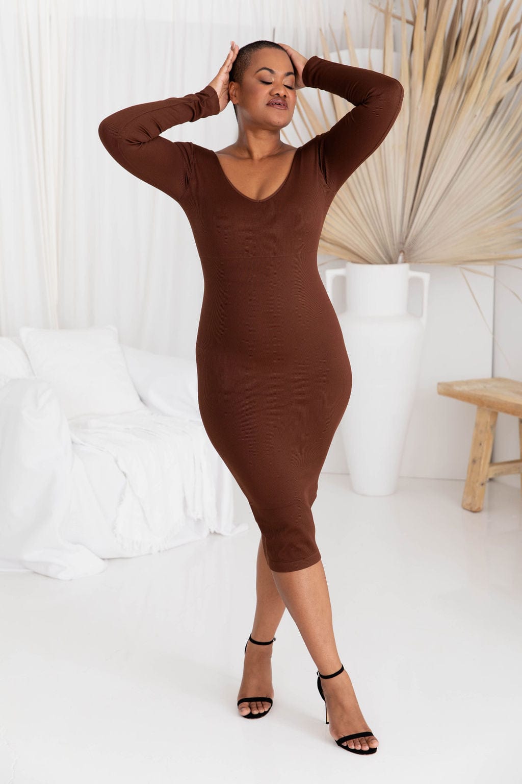Off Shoulder Shaper Dress Chocolate - $44.00 - Bodysuit - Naked Curve
