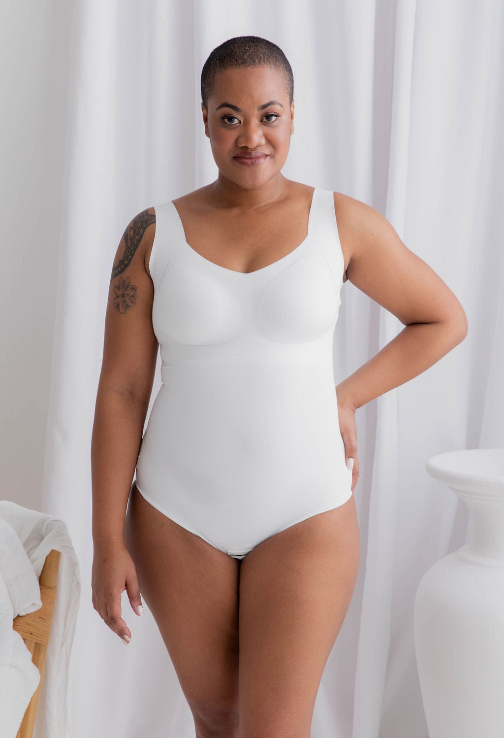 Seamless V Neck Bodysuit White - $28.00 - Bodysuit - Naked Curve